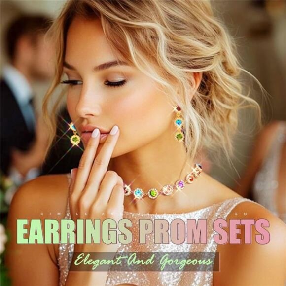 Colorful Crystal Jewelry Set Necklace Earrings Rhinestone Sparkly Party Gift Wom - Picture 6 of 7